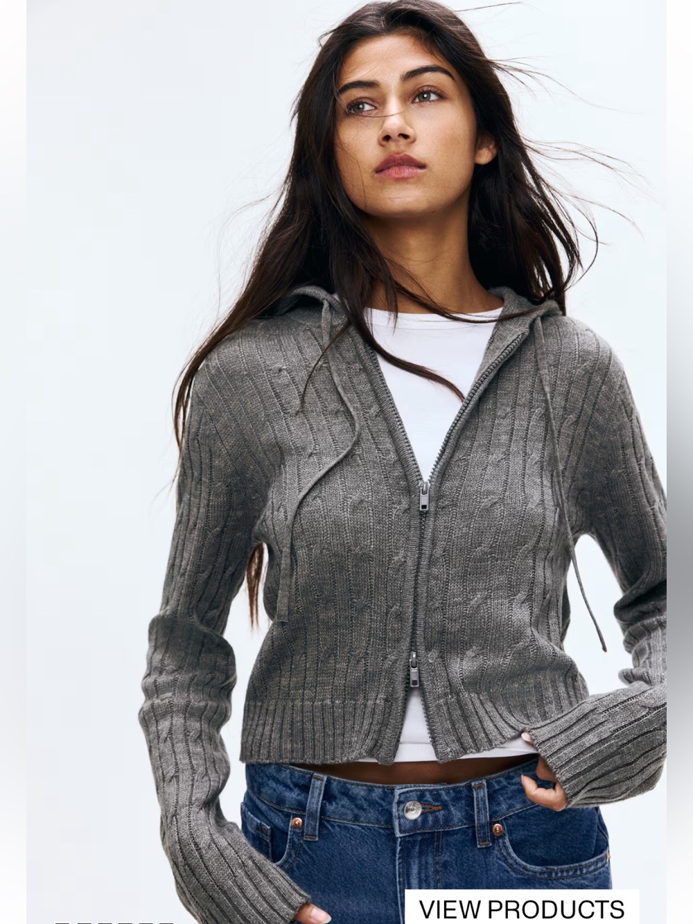 H&M Gray Cable  Knit Hooded Cardigan Zip-Up Hoodie Sweater Size S